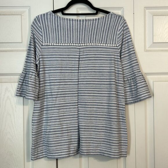 J. JILL Size Small Cotton Blue White Striped Bell Sleeve Top Boatneck Pullover - Picture 7 of 8